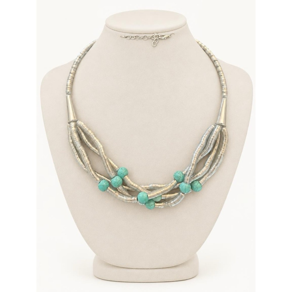 Silver Tone Turquoise Beaded Multi Strand Statement Necklace
